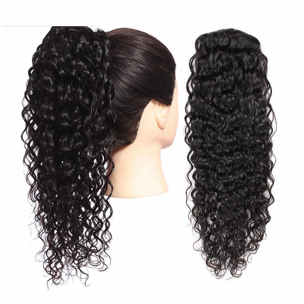 Human Hair Ponytail Extensions Yaki Afro Kinky Straight Curly Ponytail Wrap Drawstring Human Hair Natural Black Color Hairpiece with Clip in Binding Pony Tail (12'', Kinky Curly)