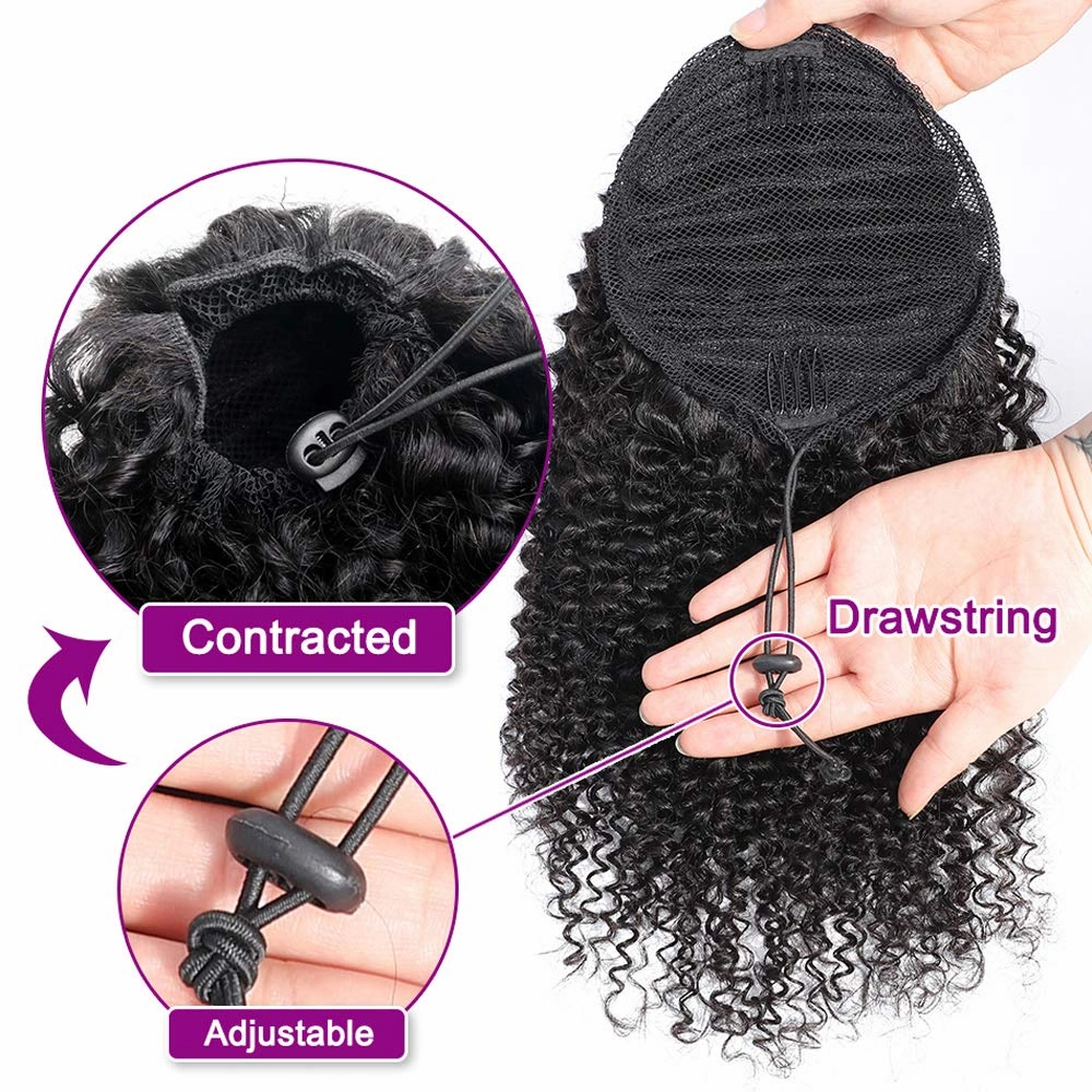 Human Hair Ponytail Extensions Yaki Afro Kinky Straight Curly Ponytail Wrap Drawstring Human Hair Natural Black Color Hairpiece with Clip in Binding Pony Tail (12'', Kinky Curly)