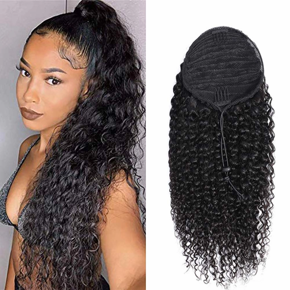 Human Hair Ponytail Extensions Yaki Afro Kinky Straight Curly Ponytail Wrap Drawstring Human Hair Natural Black Color Hairpiece with Clip in Binding Pony Tail (12'', Kinky Curly)
