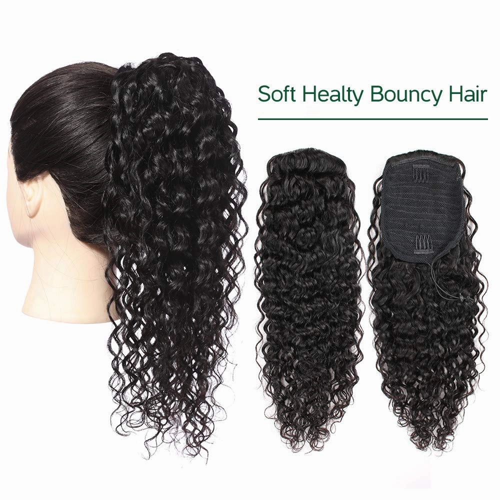 Human Hair Ponytail Extensions Yaki Afro Kinky Straight Curly Ponytail Wrap Drawstring Human Hair Natural Black Color Hairpiece with Clip in Binding Pony Tail (12'', Kinky Curly)