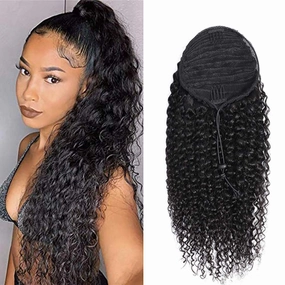 Human Hair Ponytail Extensions Yaki Afro Kinky Straight Curly Ponytail Wrap Drawstring Human Hair Natural Black Color Hairpiece with Clip in Binding Pony Tail (12'', Kinky Curly)