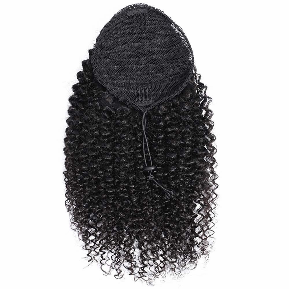 Human Hair Ponytail Extensions Yaki Afro Kinky Straight Curly Ponytail Wrap Drawstring Human Hair Natural Black Color Hairpiece with Clip in Binding Pony Tail (12'', Kinky Curly)