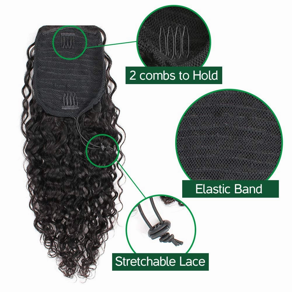 Human Hair Ponytail Extensions Yaki Afro Kinky Straight Curly Ponytail Wrap Drawstring Human Hair Natural Black Color Hairpiece with Clip in Binding Pony Tail (12'', Kinky Curly)