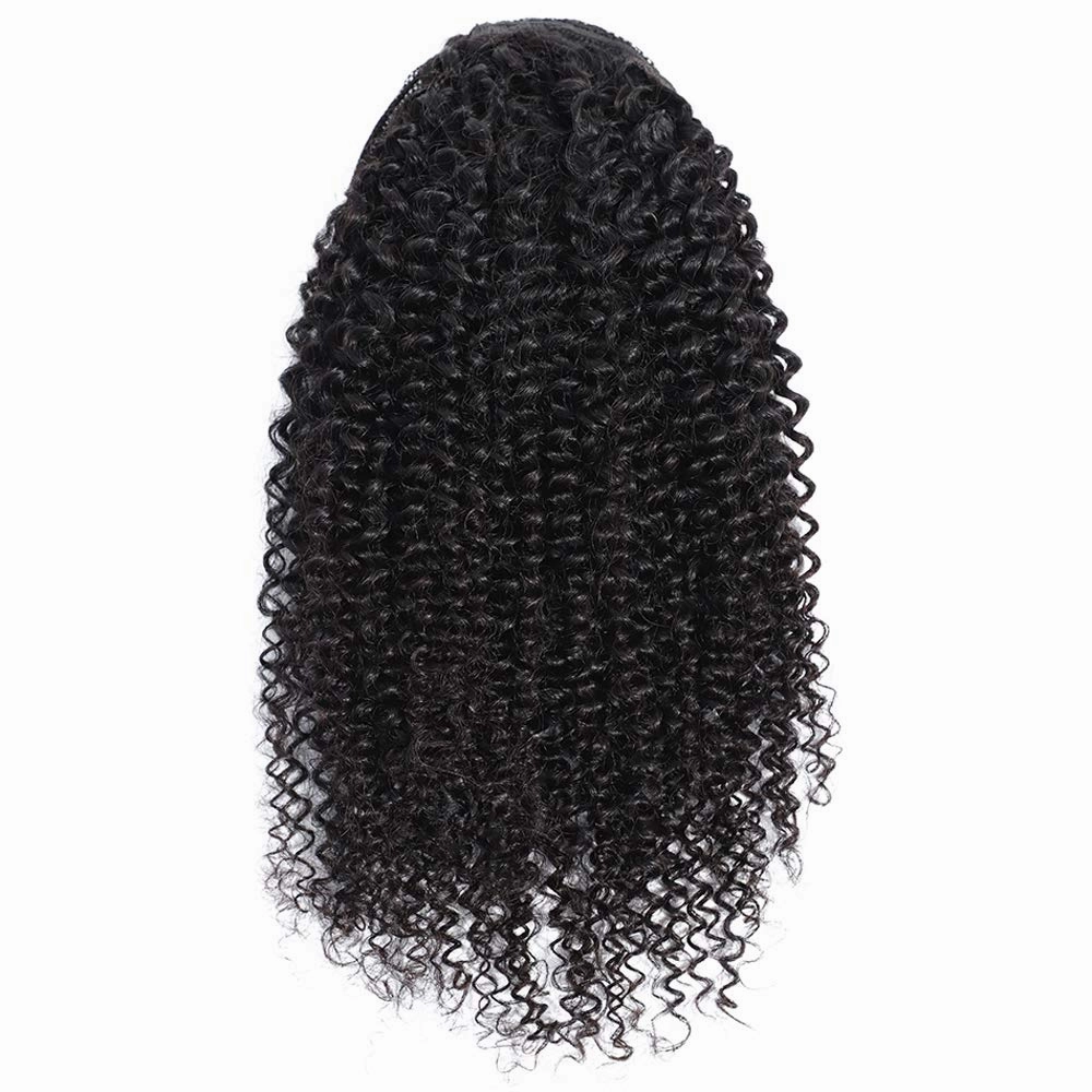 Human Hair Ponytail Extensions Yaki Afro Kinky Straight Curly Ponytail Wrap Drawstring Human Hair Natural Black Color Hairpiece with Clip in Binding Pony Tail (12'', Kinky Curly)