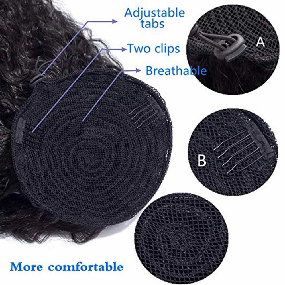 Human Hair Ponytail Extensions Yaki Afro Kinky Straight Curly Ponytail Wrap Drawstring Human Hair Natural Black Color Hairpiece with Clip in Binding Pony Tail (12'', Kinky Curly)