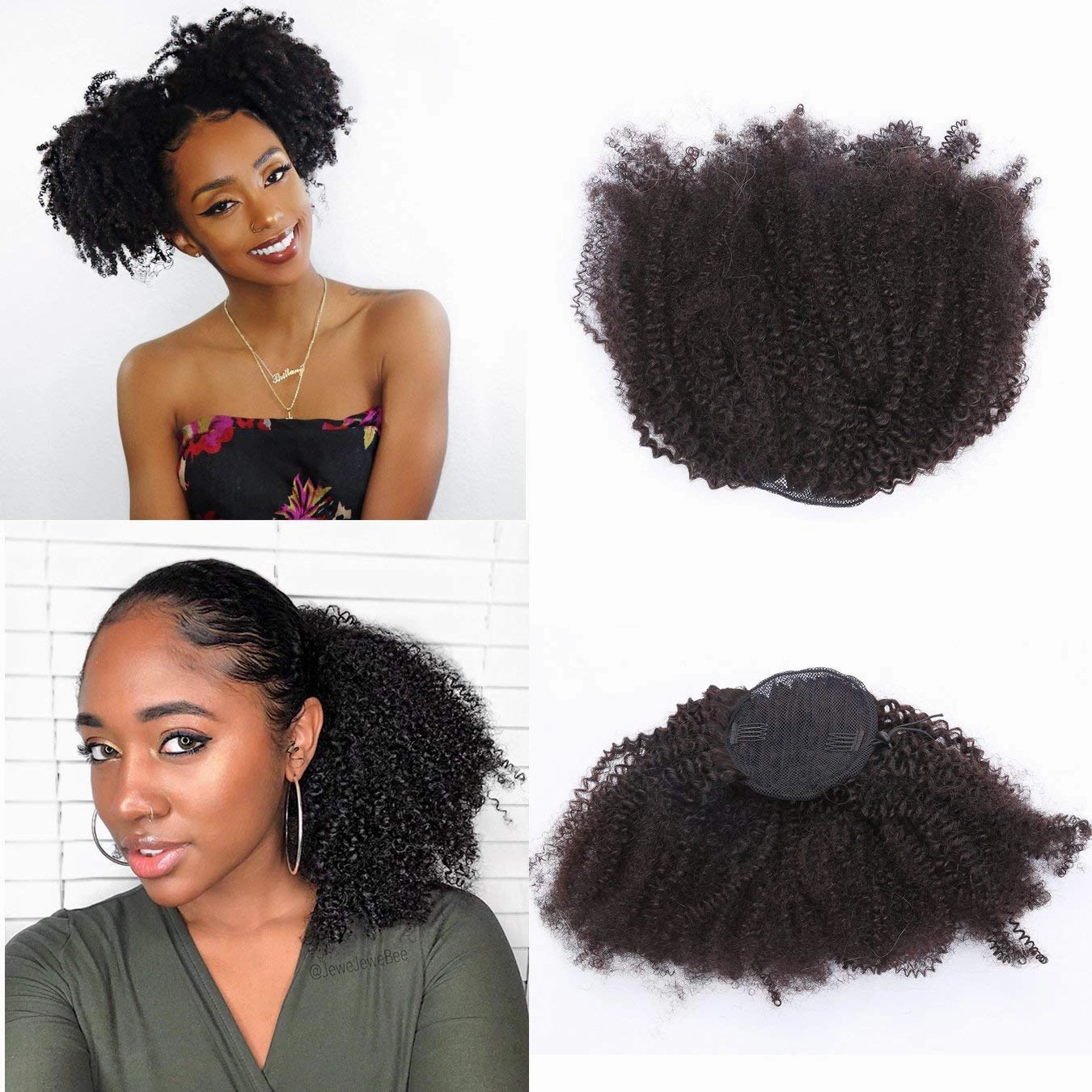 Human Hair Ponytail Extensions Yaki Afro Kinky Straight Curly Ponytail Wrap Drawstring Human Hair Natural Black Color Hairpiece with Clip in Binding Pony Tail (14 Inch, Afro Kinky)