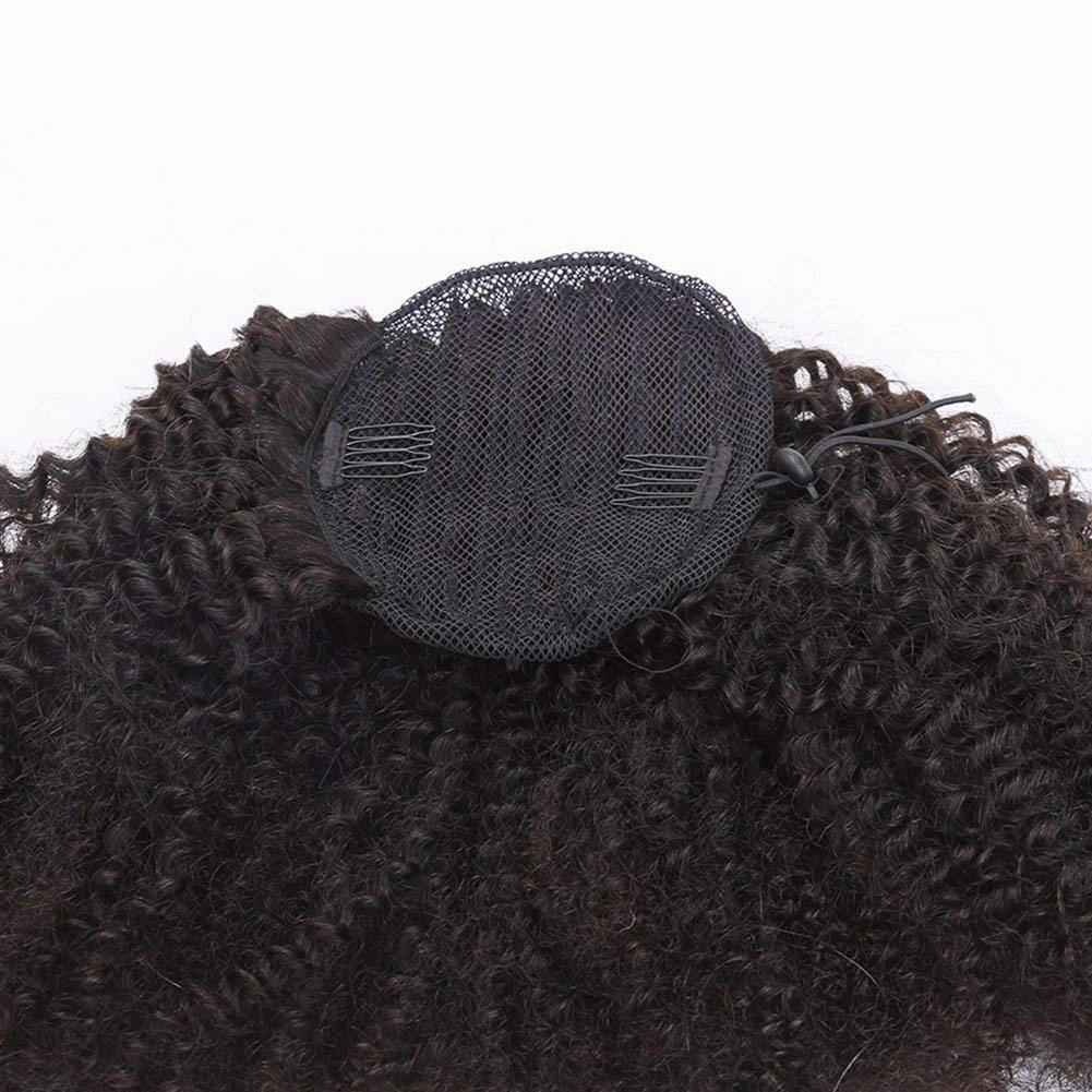 Human Hair Ponytail Extensions Yaki Afro Kinky Straight Curly Ponytail Wrap Drawstring Human Hair Natural Black Color Hairpiece with Clip in Binding Pony Tail (14 Inch, Afro Kinky)
