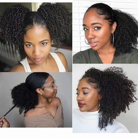Human Hair Ponytail Extensions Yaki Afro Kinky Straight Curly Ponytail Wrap Drawstring Human Hair Natural Black Color Hairpiece with Clip in Binding Pony Tail (14 Inch, Afro Kinky)