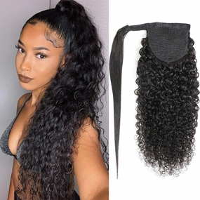 Human Hair Ponytail Extensions Yaki Afro Kinky Straight Curly Ponytail Wrap Drawstring Human Hair Natural Color Hairpiece with Clip in Binding Pony Tail Kinky Curly 14 Inch Wrap Around