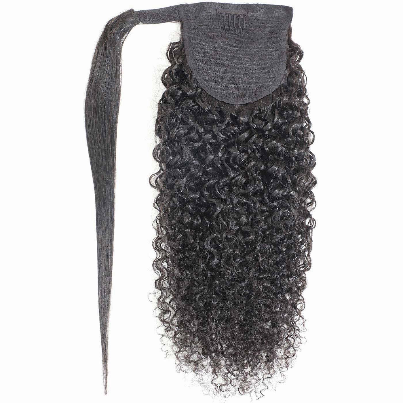 Human Hair Ponytail Extensions Yaki Afro Kinky Straight Curly Ponytail Wrap Drawstring Human Hair Natural Color Hairpiece with Clip in Binding Pony Tail Kinky Curly 14 Inch Wrap Around
