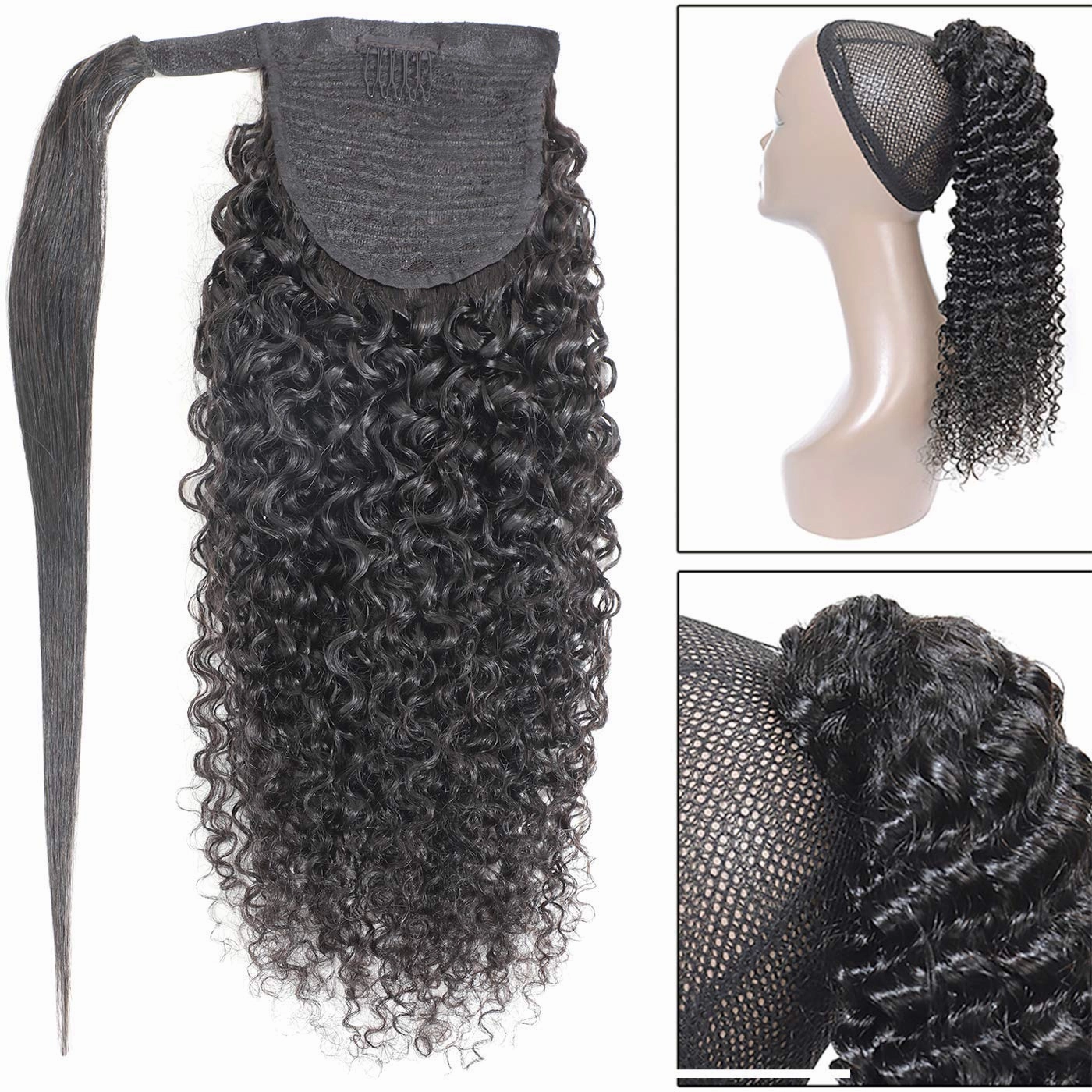 Human Hair Ponytail Extensions Yaki Afro Kinky Straight Curly Ponytail Wrap Drawstring Human Hair Natural Color Hairpiece with Clip in Binding Pony Tail Kinky Curly 14 Inch Wrap Around