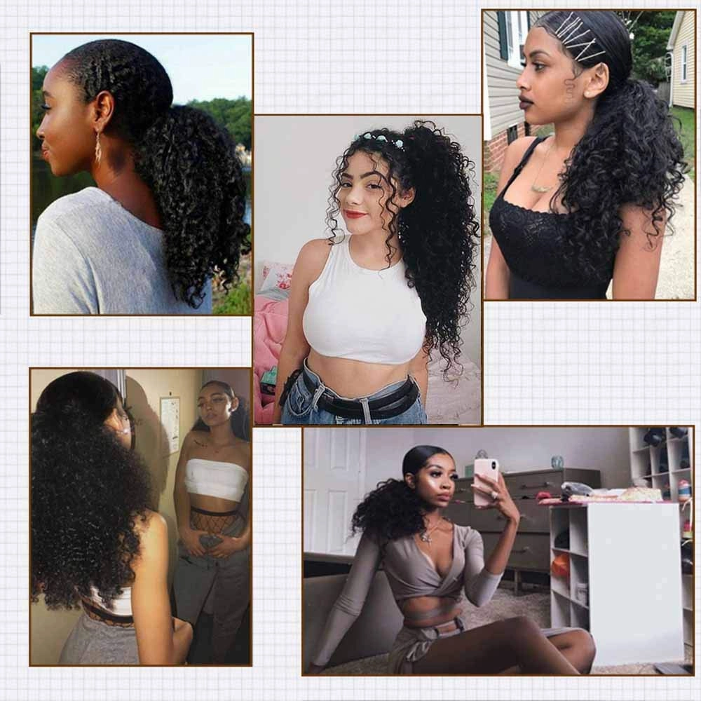 Human Hair Ponytail Extensions Yaki Afro Kinky Straight Curly Ponytail Wrap Drawstring Human Hair Natural Color Hairpiece with Clip in Binding Pony Tail Kinky Curly 14 Inch Wrap Around