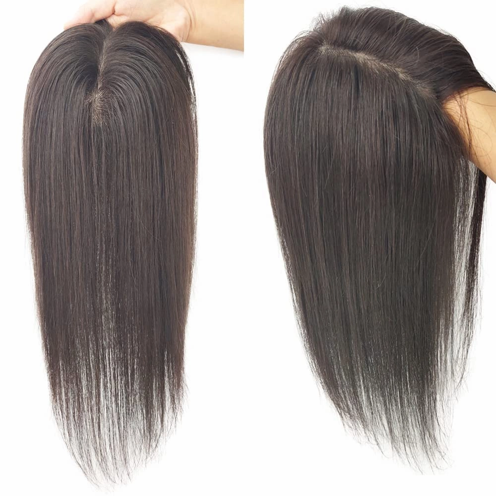 Human Hair Toppers 150% Density Silk Base Clip in Topper Top Hair Pieces For Women with Thinning Hair/Hair Loss Cover Gray Hair Natural Color (8x12, 12)