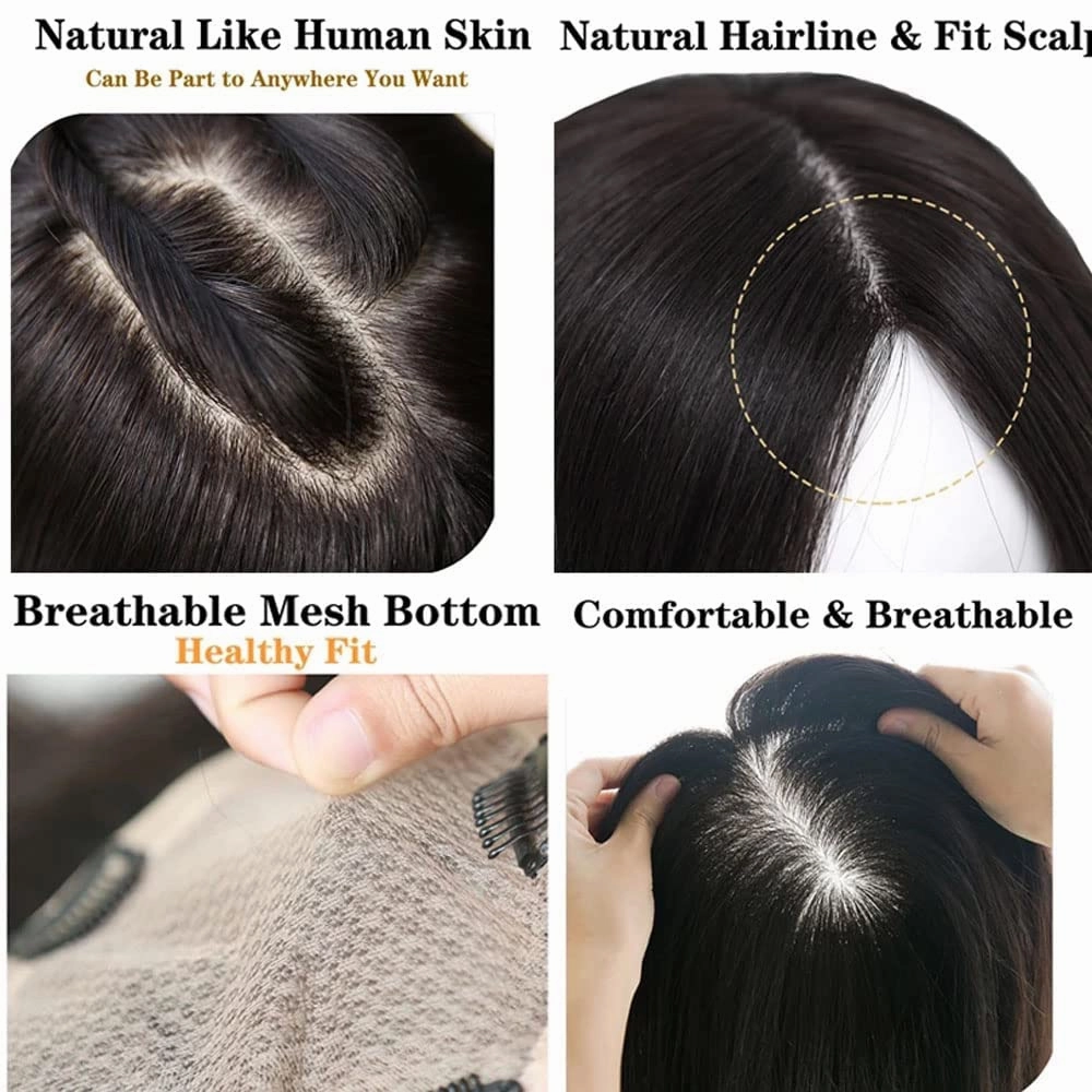 Human Hair Toppers 150% Density Silk Base Clip in Topper Top Hair Pieces For Women with Thinning Hair/Hair Loss Cover Gray Hair Natural Color (8x12, 16)