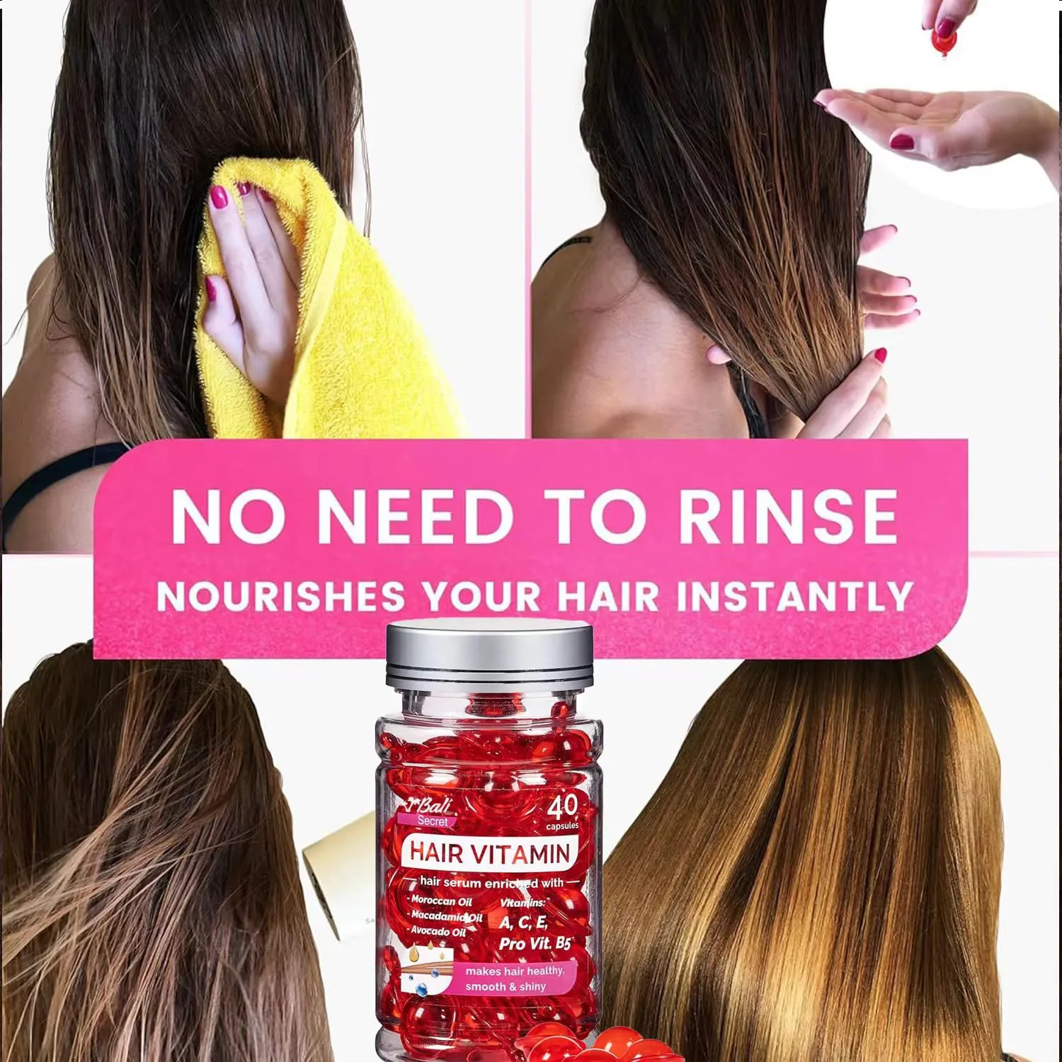 Hussell Hair Treatment Serum 40 Hair Care Capsules - No Rinse - With Argan Macadamia & Avocado Oils - Vitamins A, E, & Pro B5 - Conditioner for Women & Men