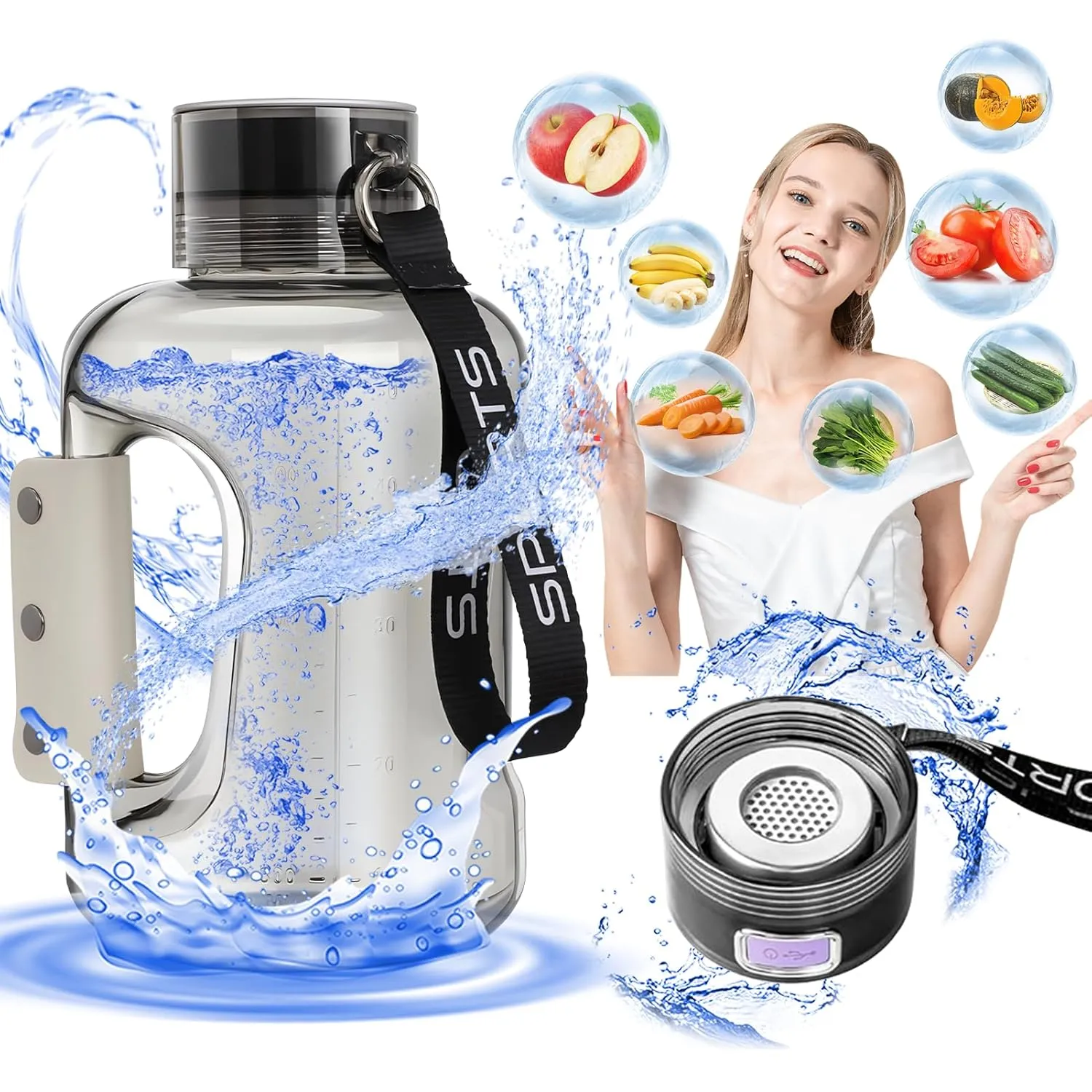 Hydrogen Water Bottle Generator 1.5L High-Capacity, USB Portable Hydrogen Water Machine, Hydrogen Water Ionizer Cup, Sports Water Bottle with SPE/PEM Technology (Grey)