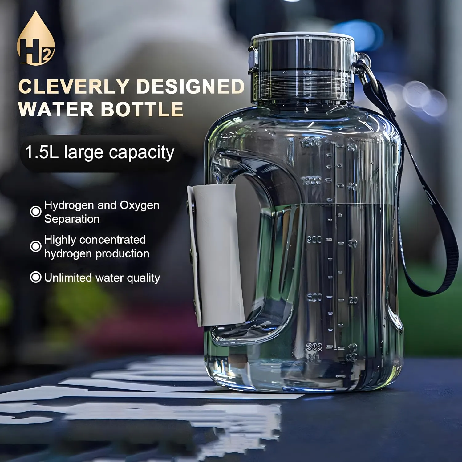 Hydrogen Water Bottle Generator 1.5L High-Capacity, USB Portable Hydrogen Water Machine, Hydrogen Water Ionizer Cup, Sports Water Bottle with SPE/PEM Technology (Grey)