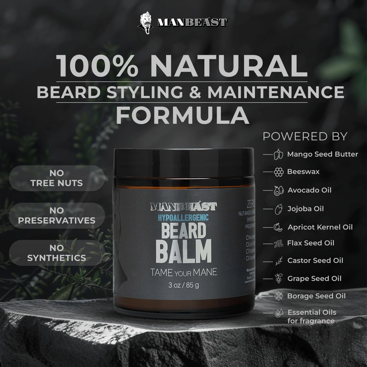 Hypoallergenic Beard Balm for Men - Nut Free and 100% Natural Formula Balm, Mustache Wax for Men with Light Styling Hold, Mens Natural Beard Softeners Oils - Made from Seed-Based Oil (Woodsman)