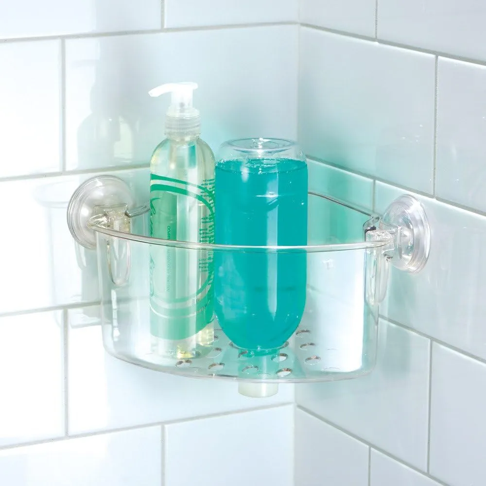iDesign BPA-Free Plastic Power Lock Suction Corner Storage Shelf - 5" x 11" x 7.8", Clear