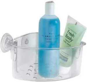 iDesign BPA-Free Plastic Power Lock Suction Corner Storage Shelf - 5" x 11" x 7.8", Clear