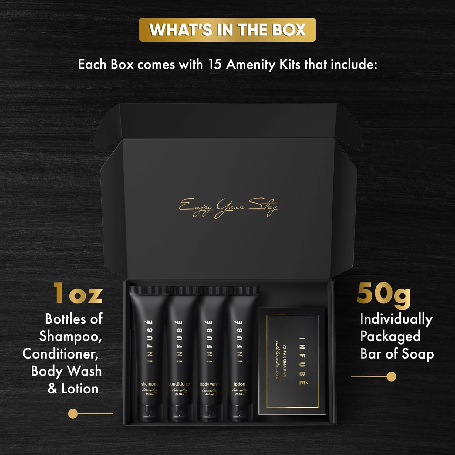 Infuse Black Amenity Kit | Boxed Hotel Toiletries | Bulk Set 1 oz Travel Size Shampoo, Conditioner, Lotion, Body Wash & Cleansing Bar for Guest Hospitality AirBnB/Vacation Rentals | 75 Pieces