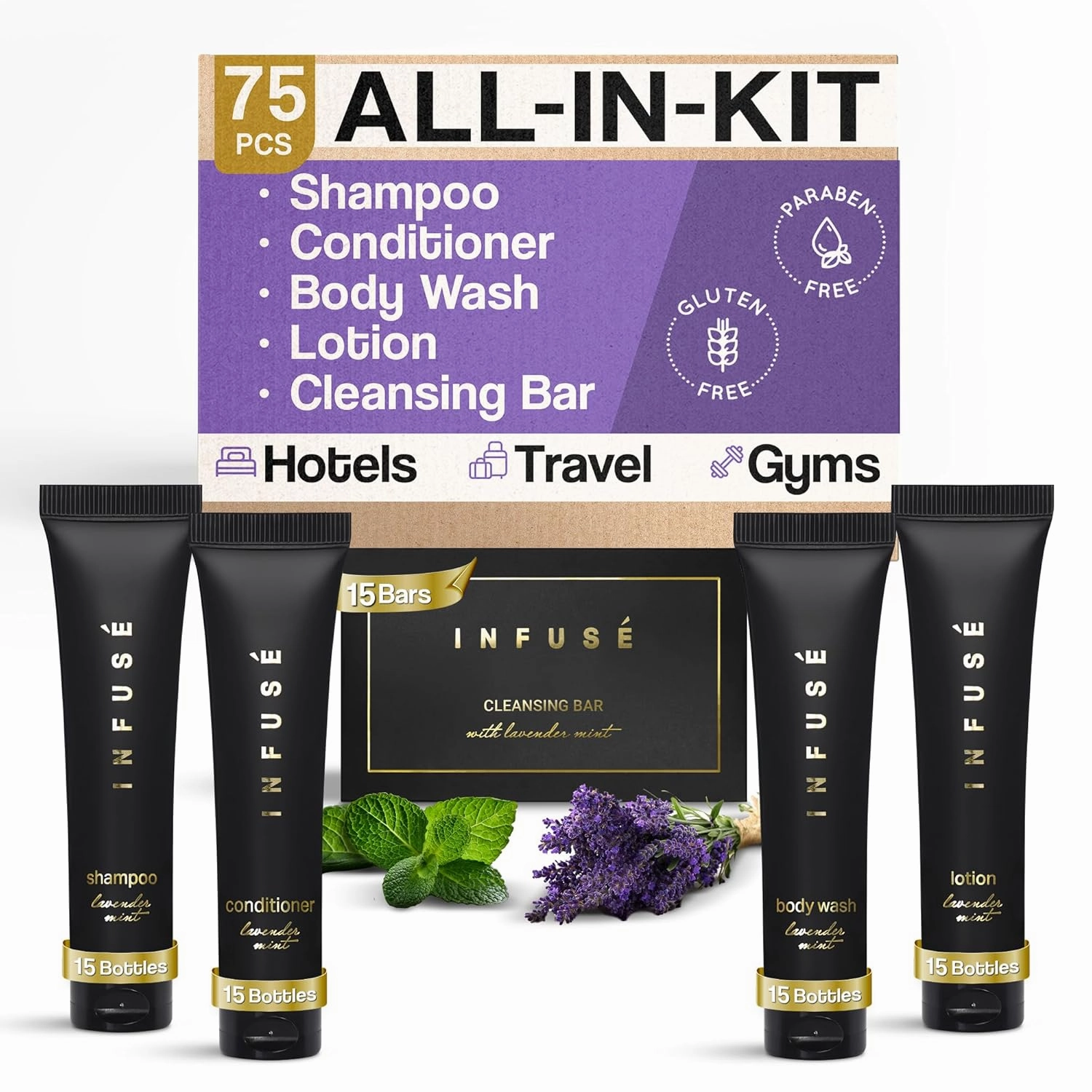 Infuse Black Soaps & Toiletries Bulk Set | 1-Shoppe Amenities Kit for Hotels & Vacation Rentals | 1 oz Shampoo, Conditioner, Body Wash, Lotion, 1.25 oz Cleansing Bar | 75 Pieces