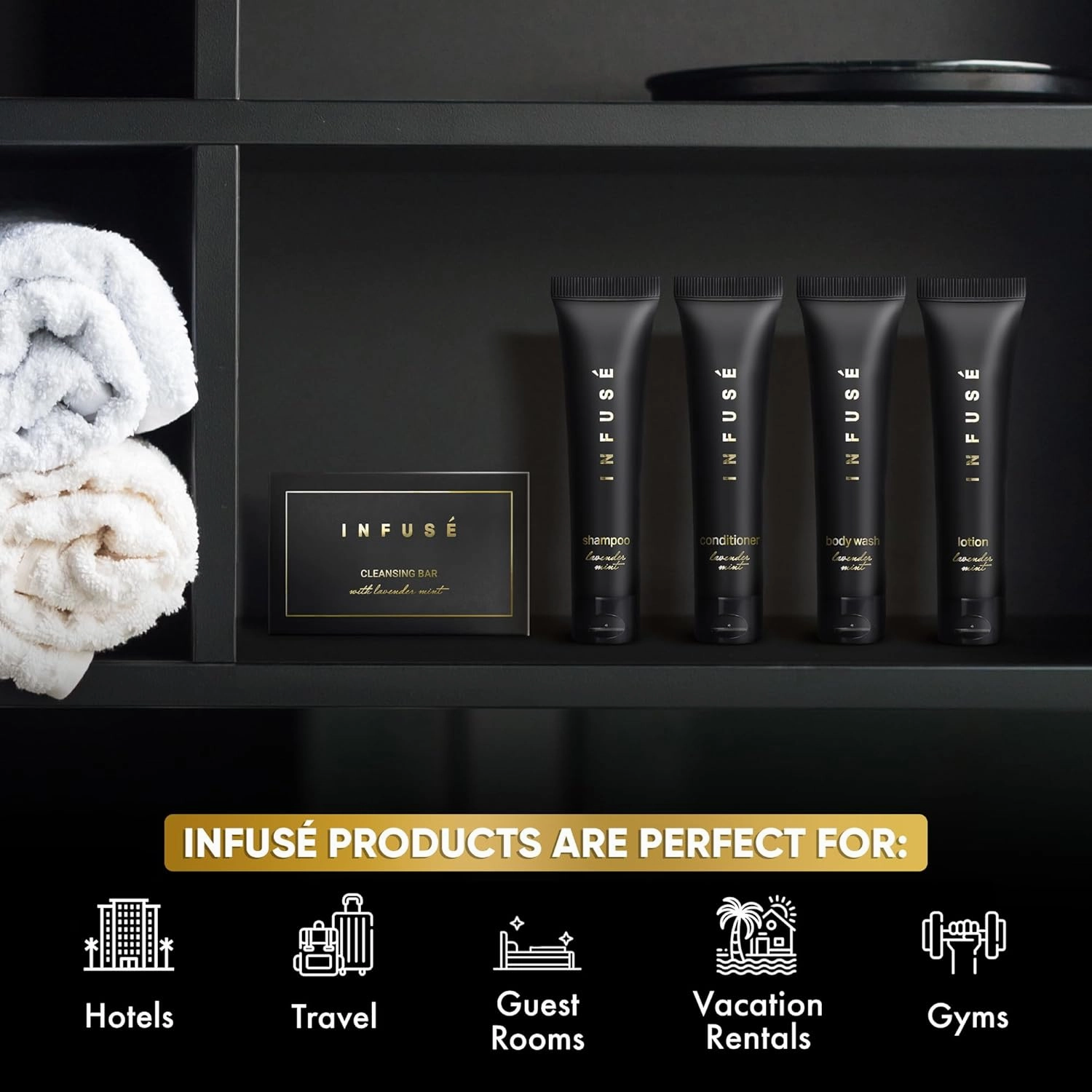 Infuse Black Soaps & Toiletries Bulk Set | 1-Shoppe Amenities Kit for Hotels & Vacation Rentals | 1 oz Shampoo, Conditioner, Body Wash, Lotion, 1.25 oz Cleansing Bar | 75 Pieces