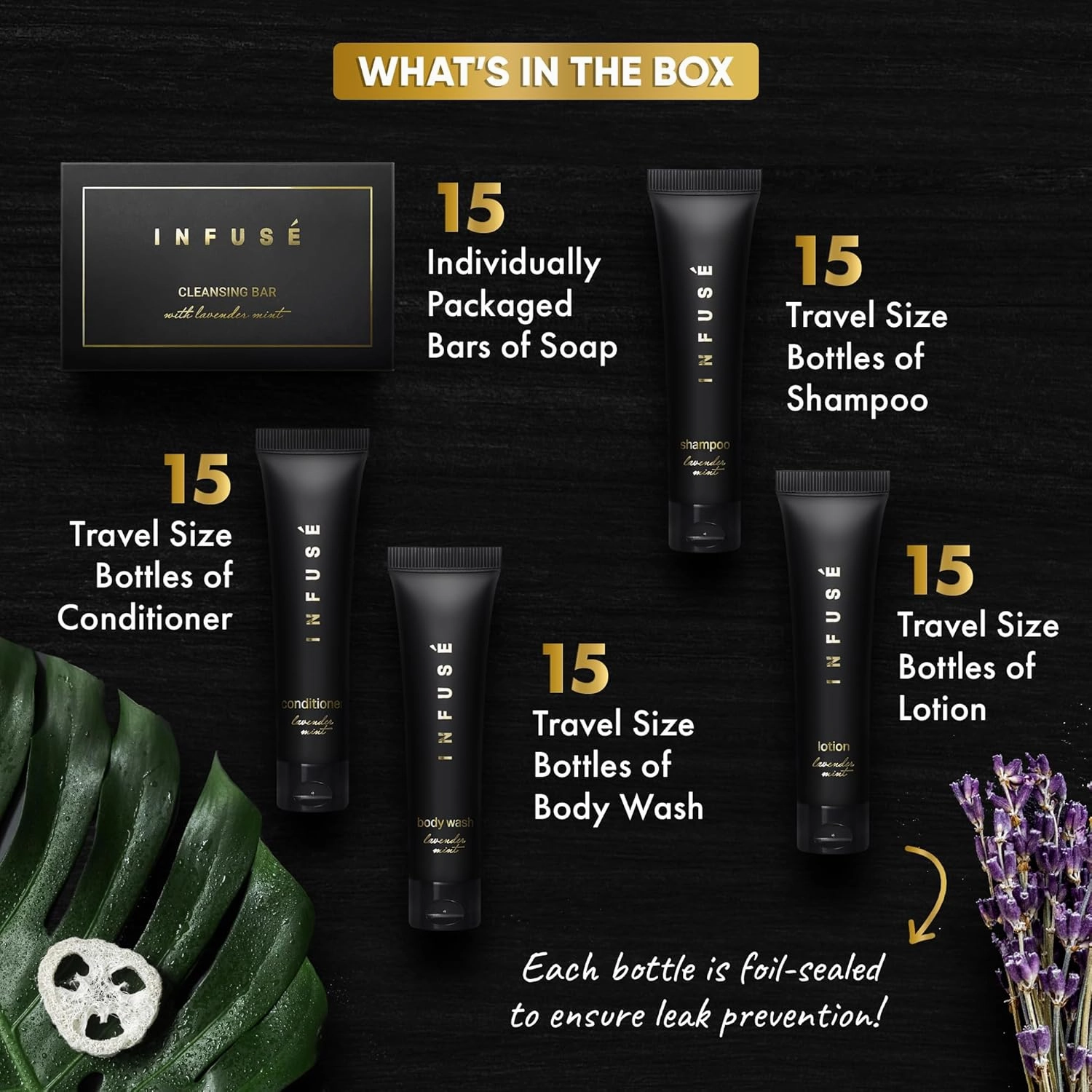 Infuse Black Soaps & Toiletries Bulk Set | 1-Shoppe Amenities Kit for Hotels & Vacation Rentals | 1 oz Shampoo, Conditioner, Body Wash, Lotion, 1.25 oz Cleansing Bar | 75 Pieces
