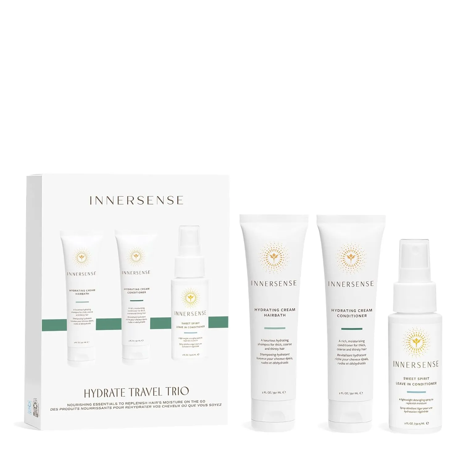 Innersense Organic Beauty - Hydrating Travel Hair Trio | Non-Toxic, Cruelty-Free, Clean Haircare (Hydrating Cream Hairbath   Conditioner, Sweet Spirit Leave-In Conditioner) PACKAGING MAY VARY