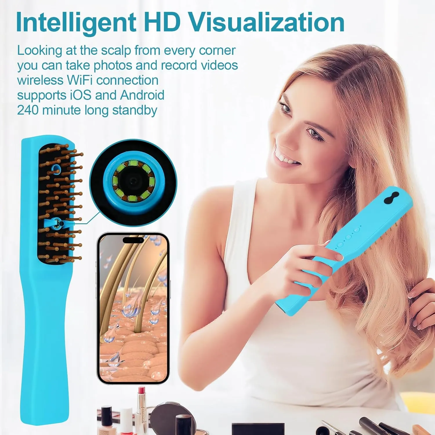 Intelligent Visual Scalp Comb - Hair Comb with Camera, Ultrasonic Electric Hair Brush, Promote Hair Growth, HD Scalp Monitoring, Hair Oil Applicator, Water Mist Hydration Maintenance