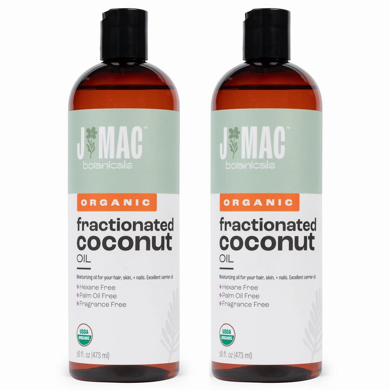 J Mac Botanicals, Organic Fractionated Coconut Oil (32 oz - 2 Pack 16 Ounce Bottles) Carrier Oil for diluting Essential Oils, Hair and Skin Conditioner, Massage
