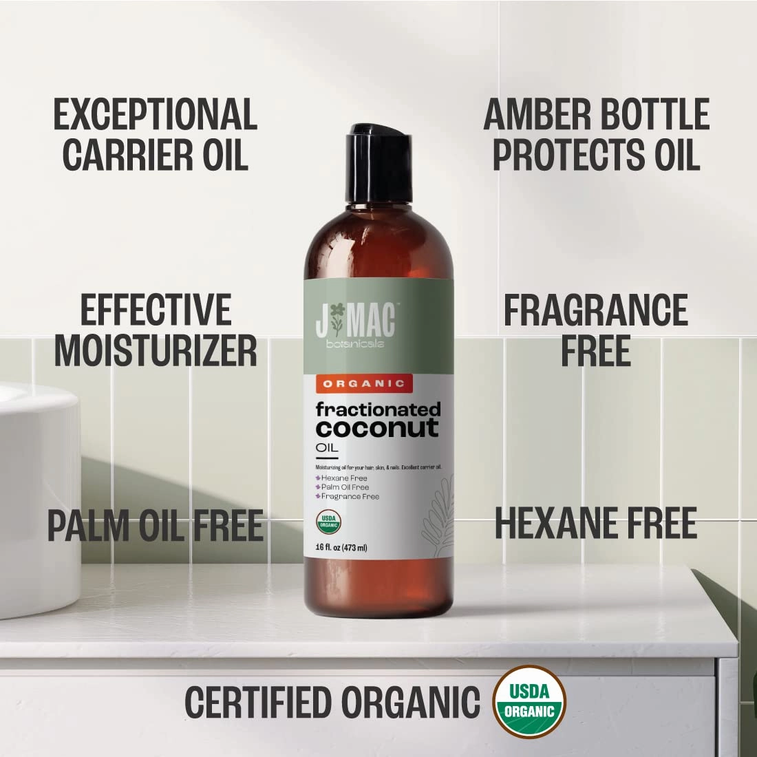 J Mac Botanicals, Organic Fractionated Coconut Oil (32 oz - 2 Pack 16 Ounce Bottles) Carrier Oil for diluting Essential Oils, Hair and Skin Conditioner, Massage