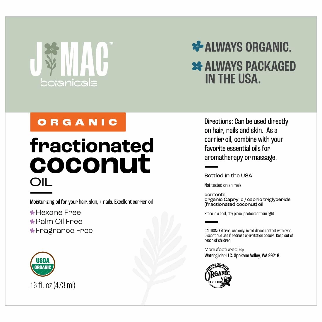 J Mac Botanicals, Organic Fractionated Coconut Oil (32 oz - 2 Pack 16 Ounce Bottles) Carrier Oil for diluting Essential Oils, Hair and Skin Conditioner, Massage