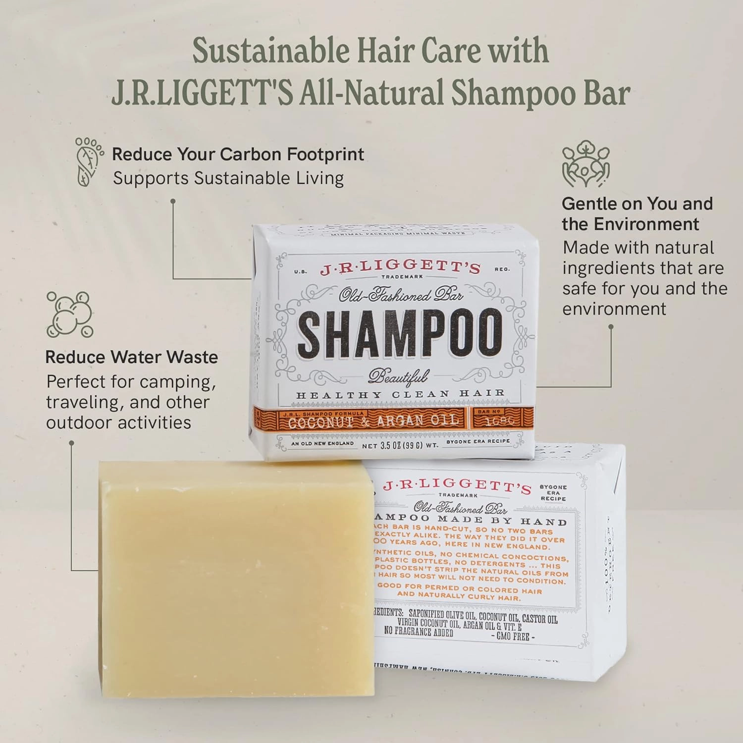 J·R·LIGGETT'S All-Natural Shampoo Bar, Virgin Coconut and Argan Oil - Strong and Healthy Hair-Nourish Follicles with Antioxidants and Vitamins-Detergent and Sulfate-Free, Set of Three, 3.5 Ounce Bars
