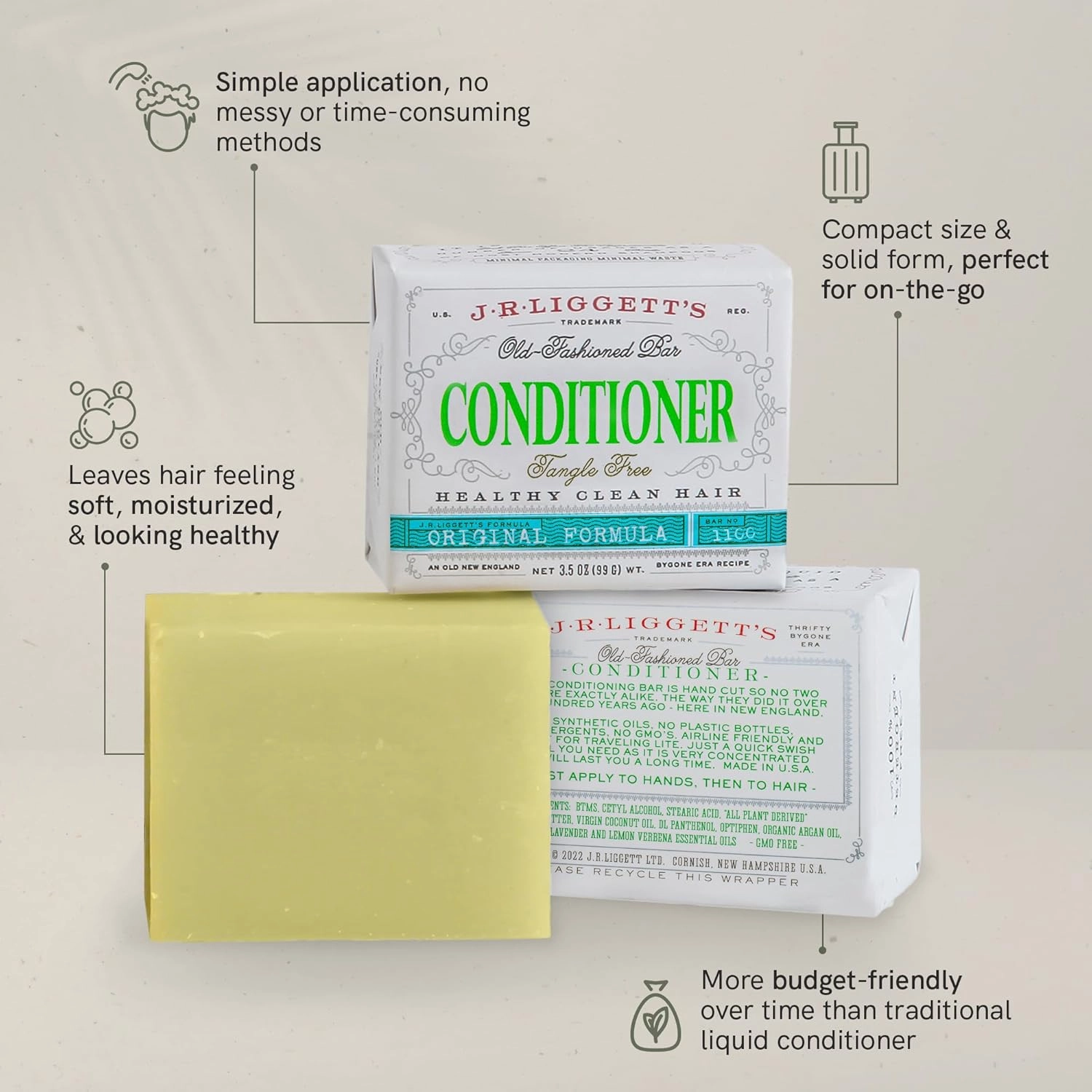 J·R·LIGGETT'S Hair Conditioner Bar - Dry Bar For Curly Hair - Plant Based Ingredients - Zero Waste, Sulfate & Cruelty-Free Conditioner - 1.75 Ounces