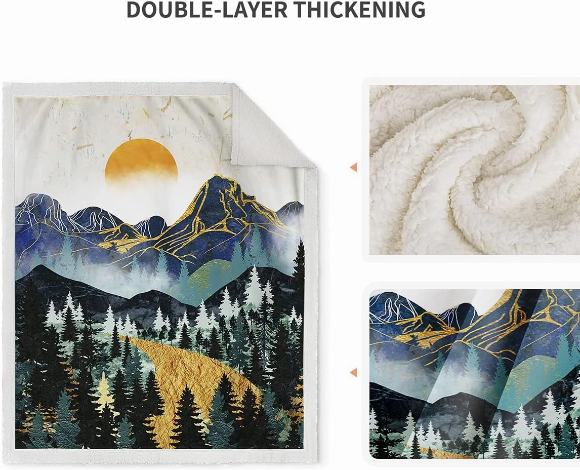 Jekeno Mountain Sherpa Blanket Sunset Forest Trees Art Printed Throw Blanket Smooth Soft for Sofa Chair Bed Office 50"x60"