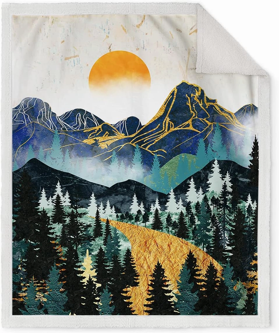 Jekeno Mountain Sherpa Blanket Sunset Forest Trees Art Printed Throw Blanket Smooth Soft for Sofa Chair Bed Office 50"x60"