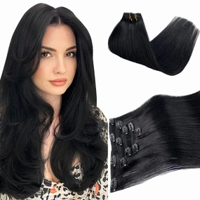 Jet Black Remy Hair Extensions - Clip in Human Hair 100% Real, 18 Inch 70g 5pcs Natural Soft Straight Double Weft Clip in Extensions #1