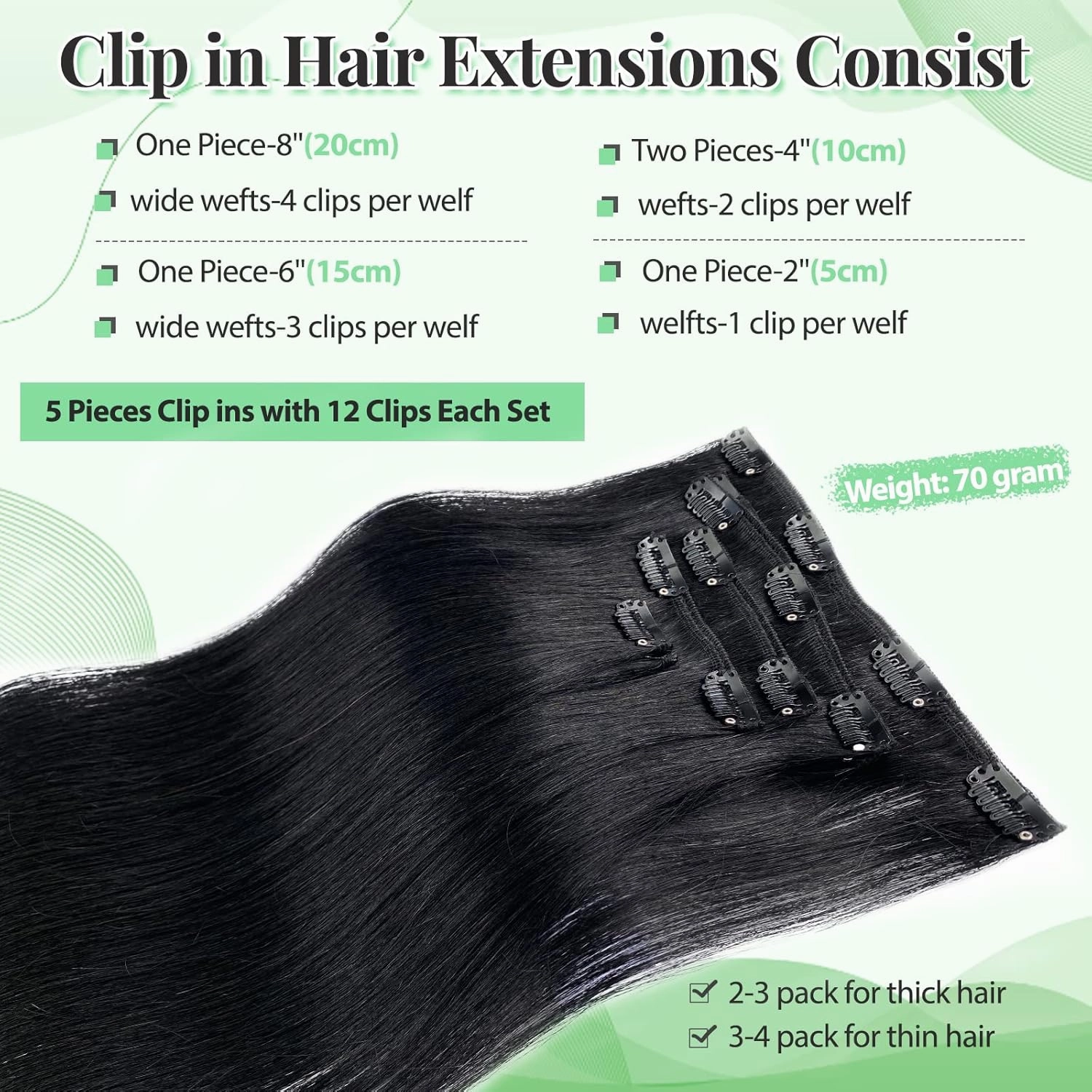 Jet Black Remy Hair Extensions - Clip in Human Hair 100% Real, 18 Inch 70g 5pcs Natural Soft Straight Double Weft Clip in Extensions #1