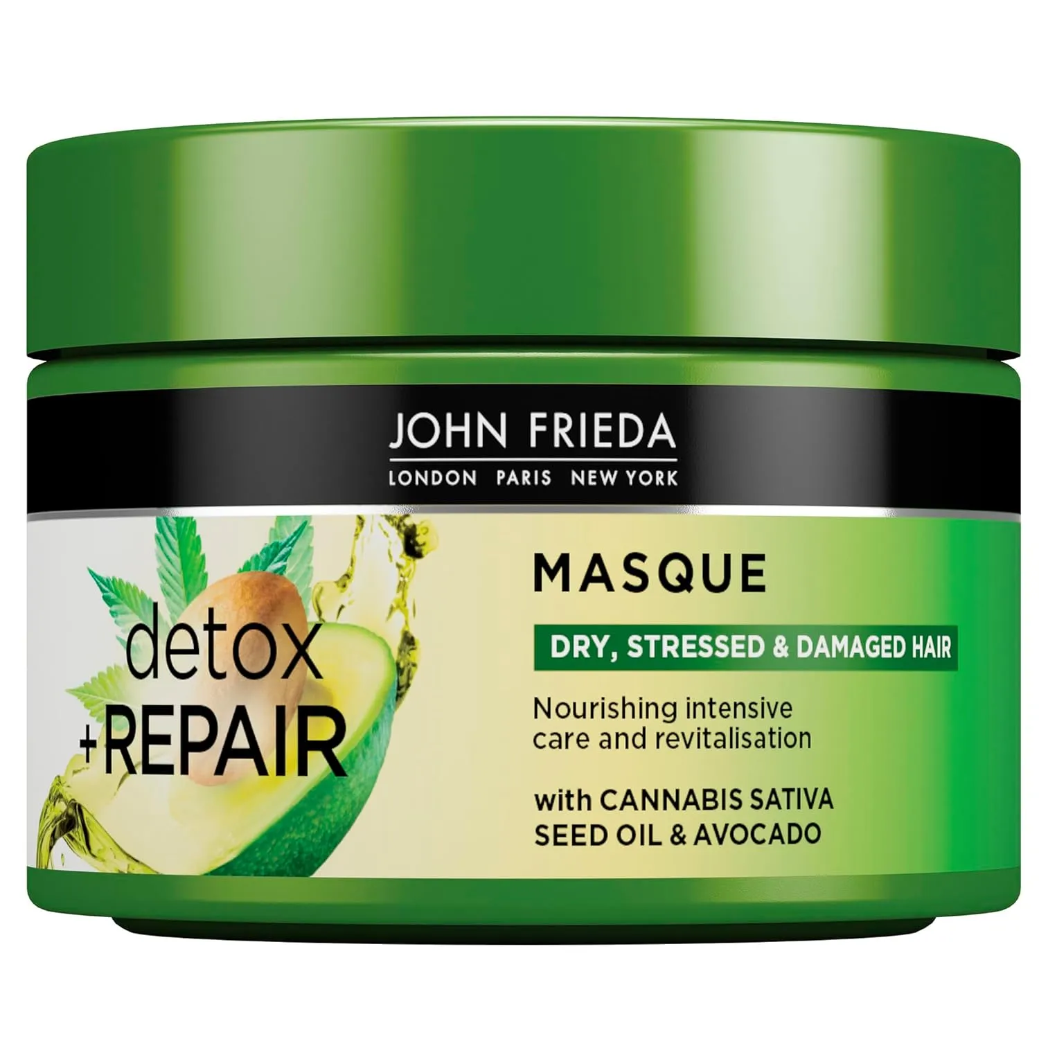 John Frieda Detox & Repair Masque 250 ml, Intensive Deep Conditioner for Dry, Stressed and Damaged Hair, Nourishing Hair Mask with Cannabis Sativa Seed Oil and Avocado