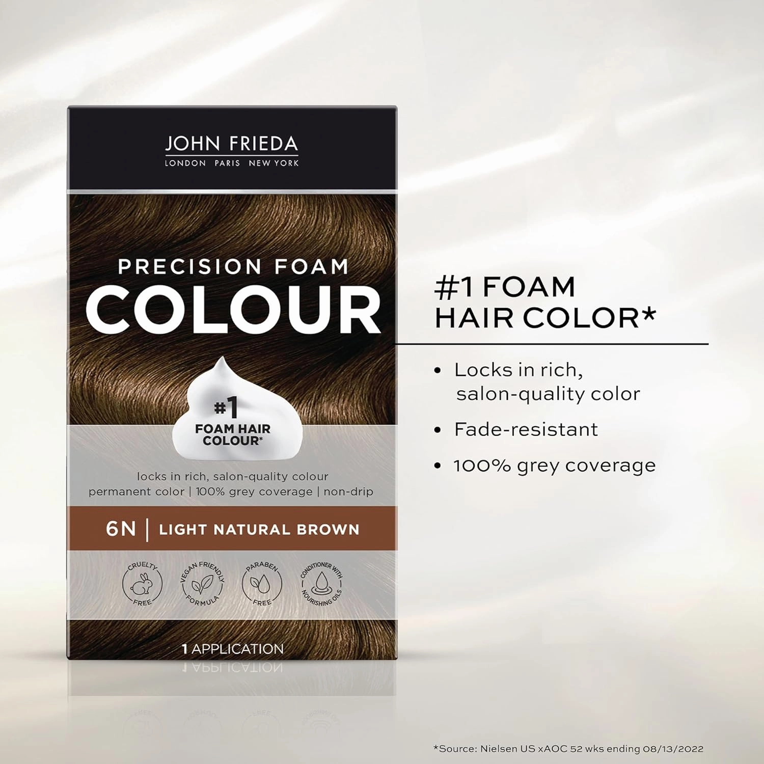 John Frieda Precision Foam Colour, Light Natural Brown 6N, Full-coverage Hair Color Kit, Anti-Fade Gray Coverage, Deep Color Saturation Hair Dye, Pack of 2
