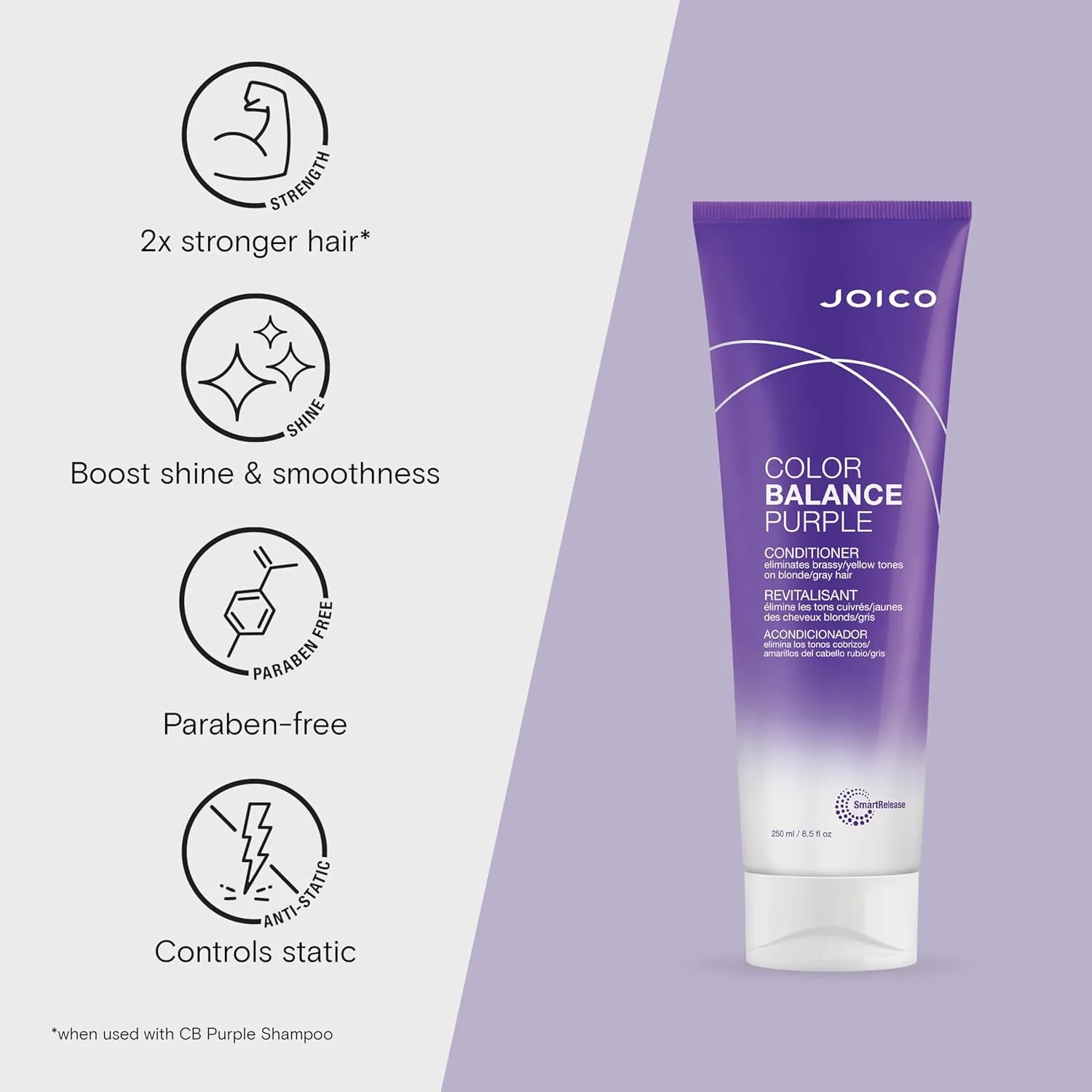 Joico Color Balance Purple Conditioner | For Cool Blonde or Gray Hair | Eliminate Brassy Yellow Tones | Boost Color Vibrancy & Shine | UV Protection | With Rosehip Oil & Green Tea Extract