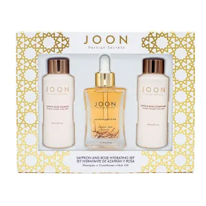 Joon Moisturizing Travel Size Gift Set | Saffron Hair Elixir (1.11 fl oz), Saffron Rose Shampoo (2 fl oz) and Conditioner (2 fl oz)