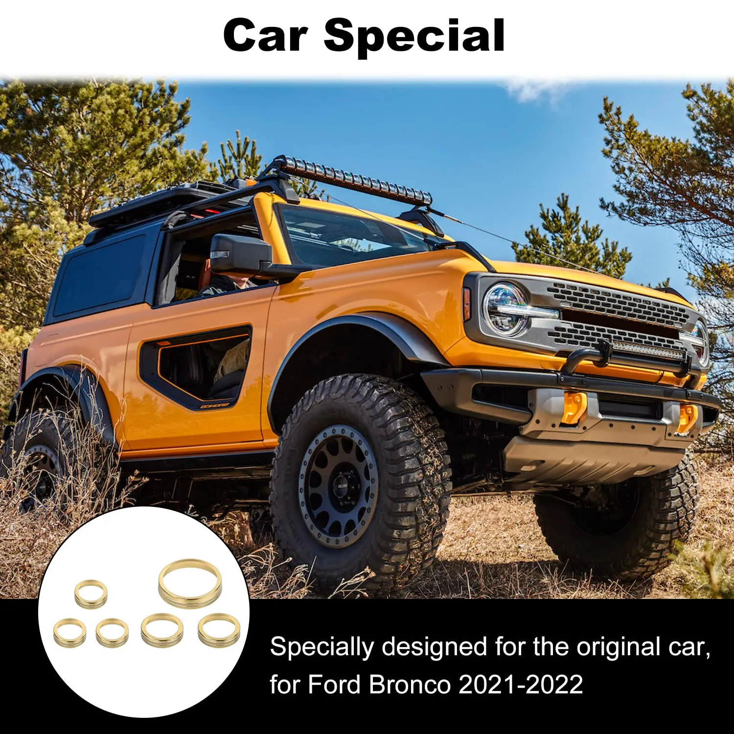JWWY Air Conditioner Headlight Switch Knob 4WD Wheel Drive Trailer Gear Switch Knob Cover for 2021-2025  Ford Bronco Accessories Aluminum Alloy 6PCS Gold（Don't fit Bronco Sport）
