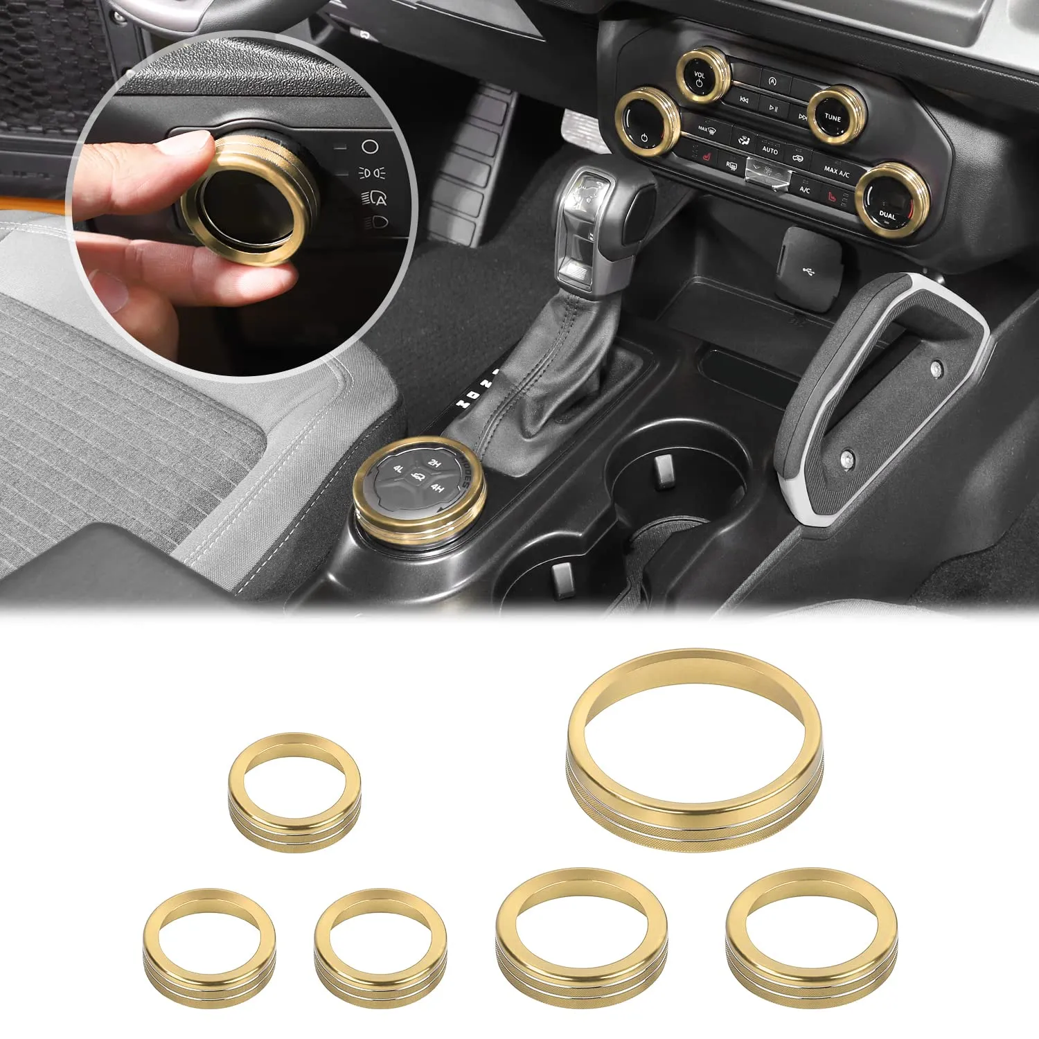 JWWY Air Conditioner Headlight Switch Knob 4WD Wheel Drive Trailer Gear Switch Knob Cover for 2021-2025  Ford Bronco Accessories Aluminum Alloy 6PCS Gold（Don't fit Bronco Sport）