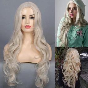 Kaneles Blonde Wig Long Wavy Middle Part Synthetic Beach Wave Curly Wig for Halloween Party Daily Wear Blonde