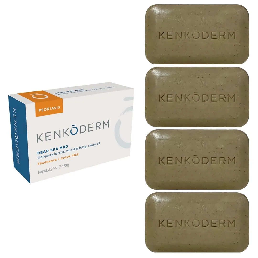 Kenkoderm Psoriasis Dead Sea Mud Soap with Argan Oil & Shea Butter, 4.25 oz, 4 Bars, Dermatologist Developed Skin Care for Soothing & Moisturizing Psoriasis Eczema & Rosacea, Fragrance & Color Free