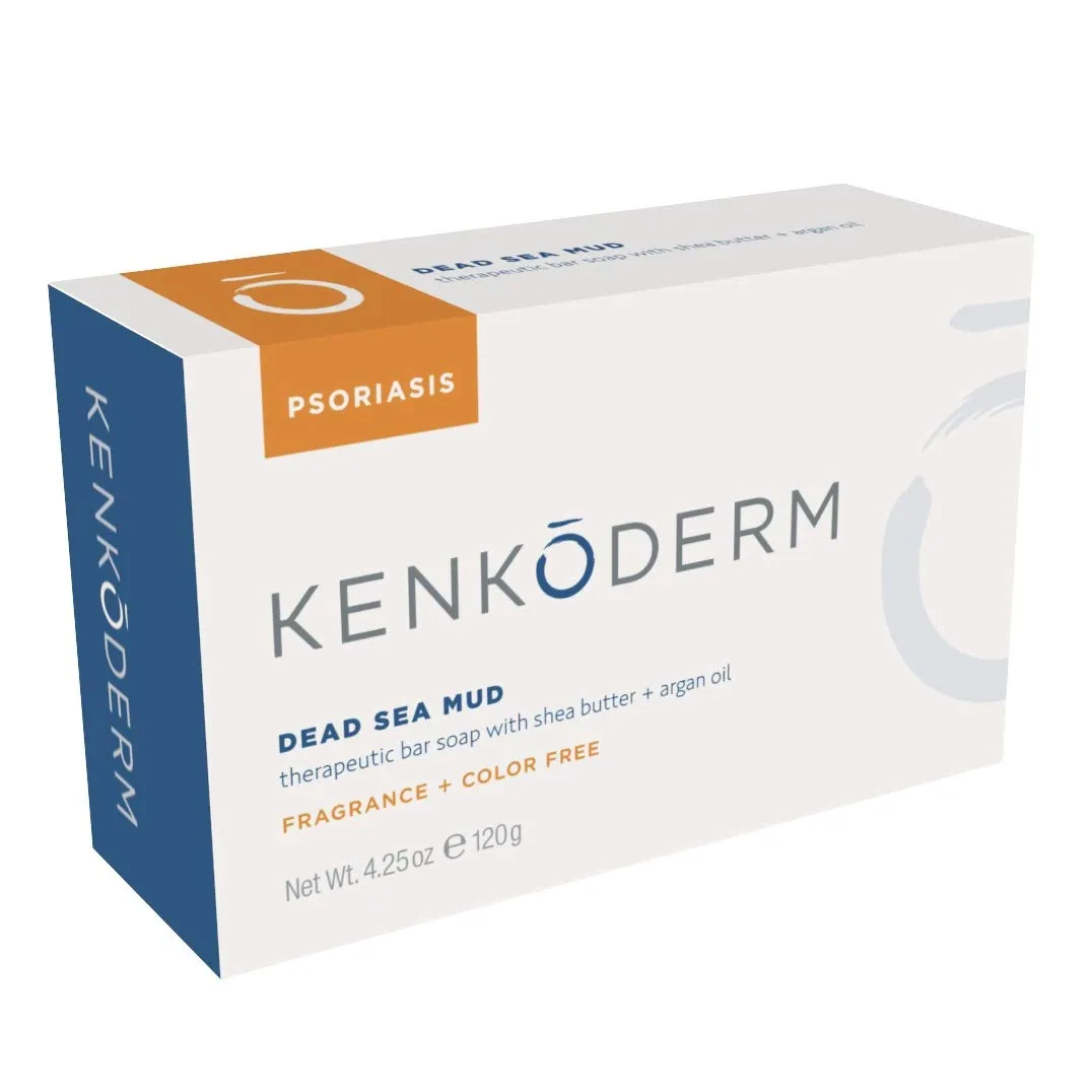 Kenkoderm Psoriasis Dead Sea Mud Soap with Argan Oil & Shea Butter, 4.25 oz, 4 Bars, Dermatologist Developed Skin Care for Soothing & Moisturizing Psoriasis Eczema & Rosacea, Fragrance & Color Free