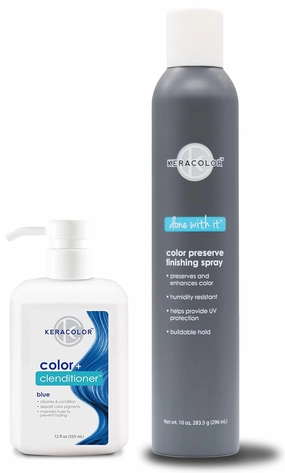 KERACOLOR Kit of 3-in-1 (Cleanse   Conditioner   Color) Blue Semi-Permanent Hair Dye and Finishing Hair Spray 10oz
