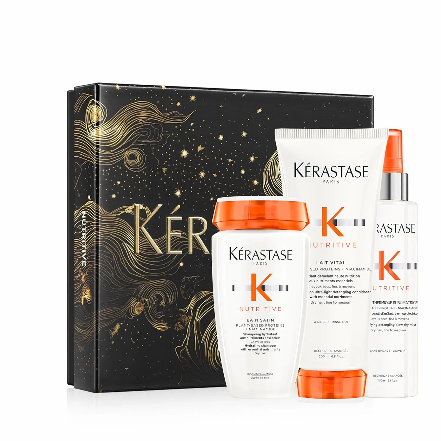 Kerastase Nutritive Set For Dry Hair – Shampoo, Conditioner, and Blow Dry Spray for All Hair Types, Intensely Nourishes and Moisturizes, Detangles & Prevents Frizz